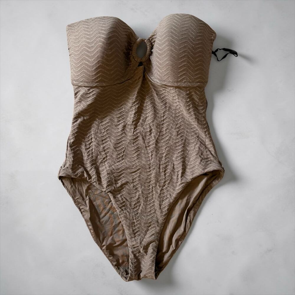 Trina Turk Strapless One Piece Swimsuit Textured Ring Detail Size Large NWOT